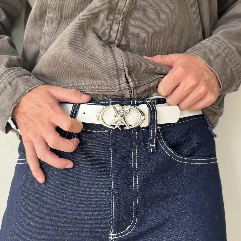 2000s White Silver Star Belt Adjustable Fits 26-34 Unisex Y2K Streetwear